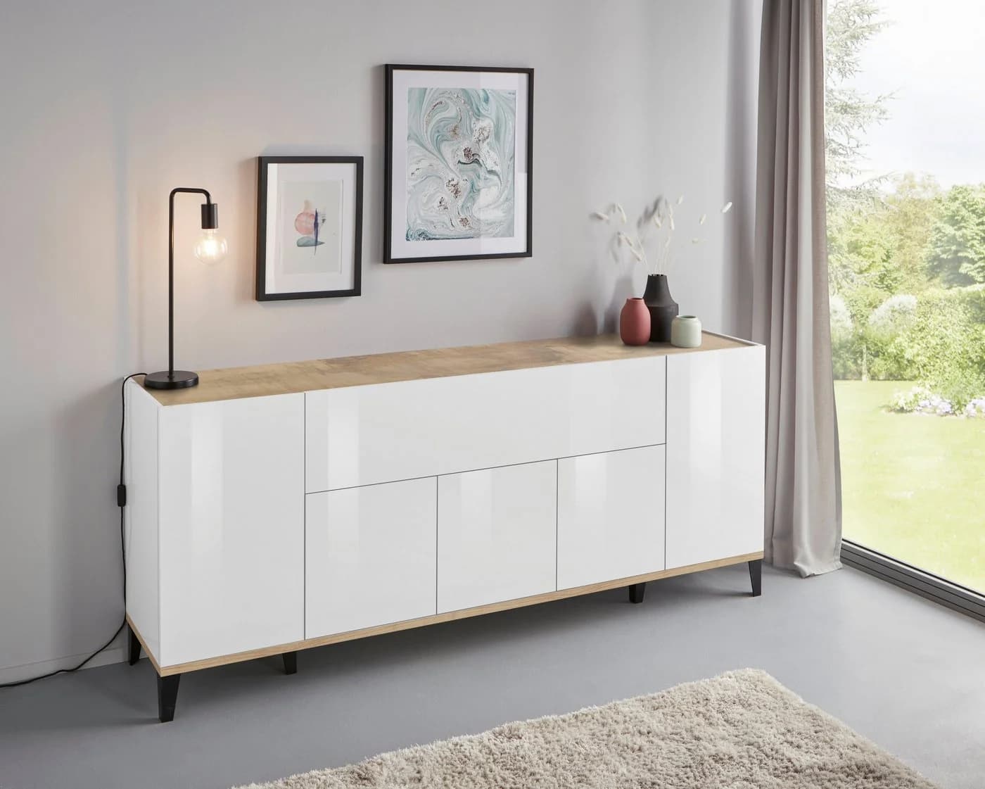 Sideboard HOME AFFAIRE Sunrise Weiß Hochglanz mit Ahorn-Arbeitsplatte