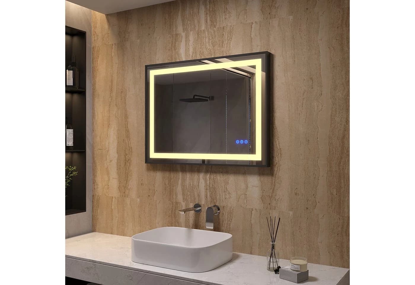 AQUABATOS LED-Lichtspiegel Badspiegel Schwarz 80x60cm