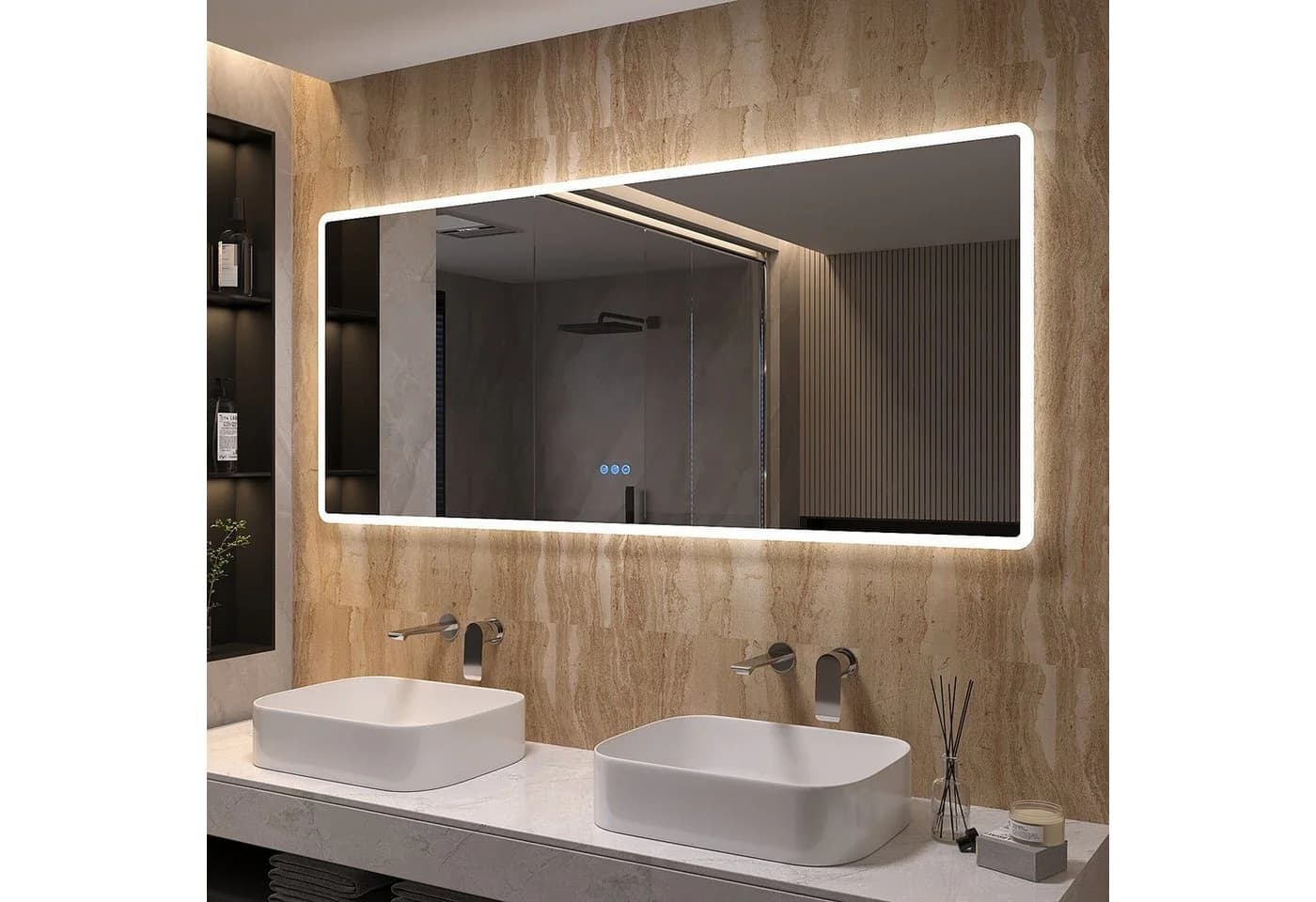 AQUALAVOS Badspiegel 160x70cm mit LED Beleuchtung Touch/Wandschalter Wandspiegel Beschlagfrei Kalt/Warm Licht Dimmbar Helligkeit-Speicherfunktion