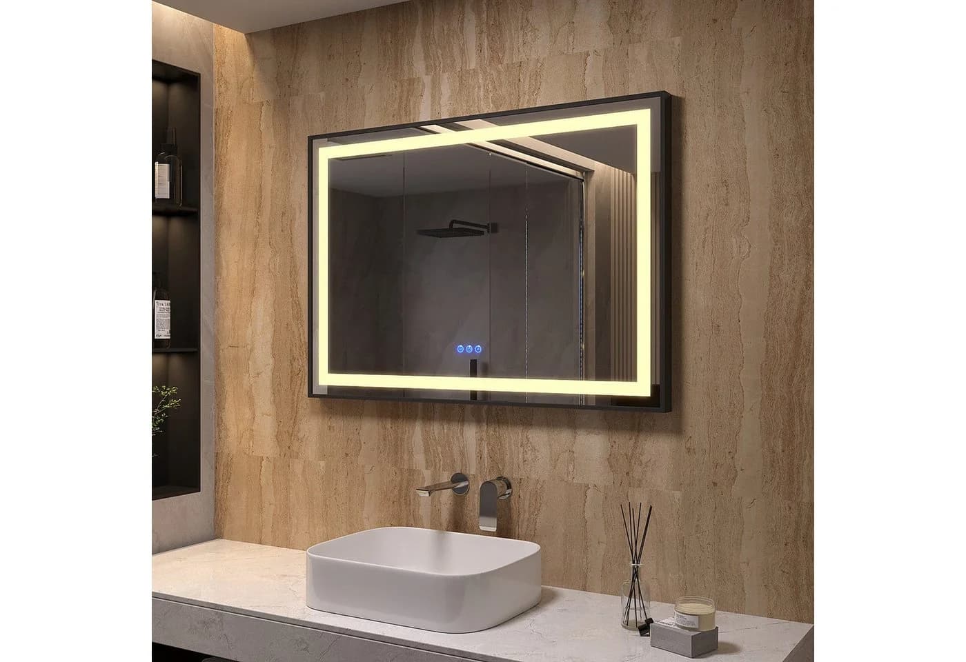 AQUALAVOS LED Badspiegel Schwarz Dimmbar mit Anti-Beschlag