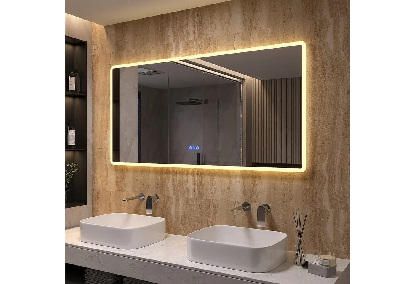 AQUALAVOS Badspiegel LED Beleuchtung Dimmbar Beschlagfrei