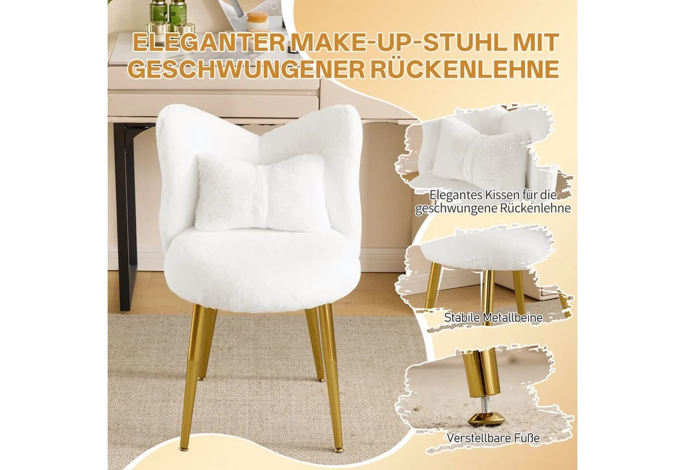 LEADZM Kinderstuhl mit Metallfüßen und Lendenkissen Schleifenform Design Weiß