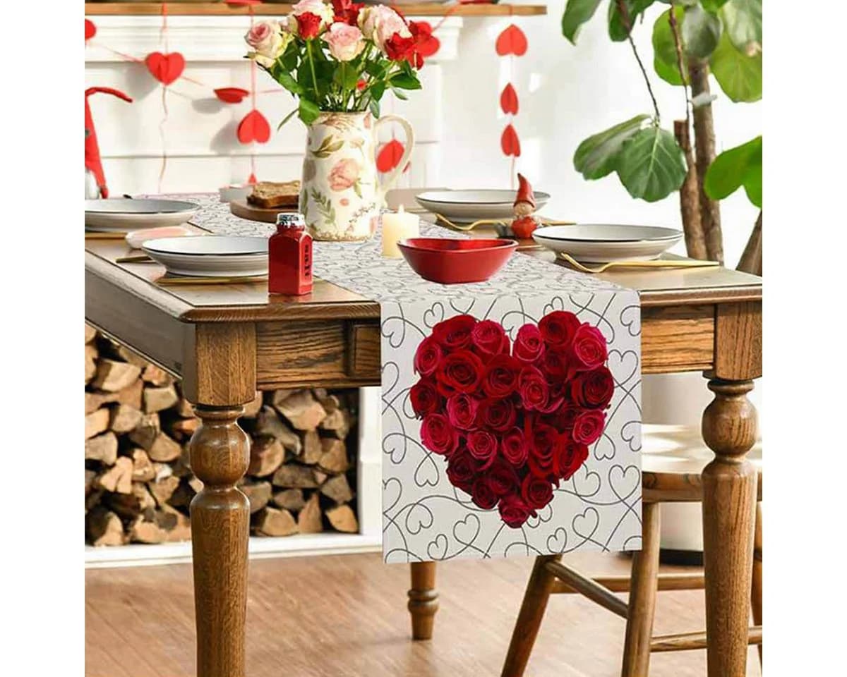 LAPAPRO Tischläufer Rosendruck Leinen 33 x 183 cm