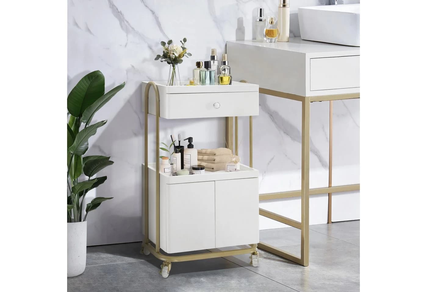 MCombo Servierwagen Weiß-Gold mit Rollen, Schubladen & Schrank