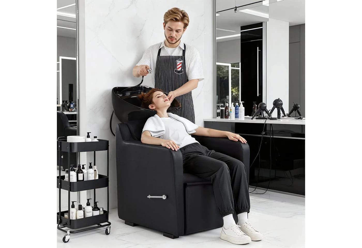 Barberpub Friseurstuhl mit Waschbecken 8620 Schwarz Kunstleder