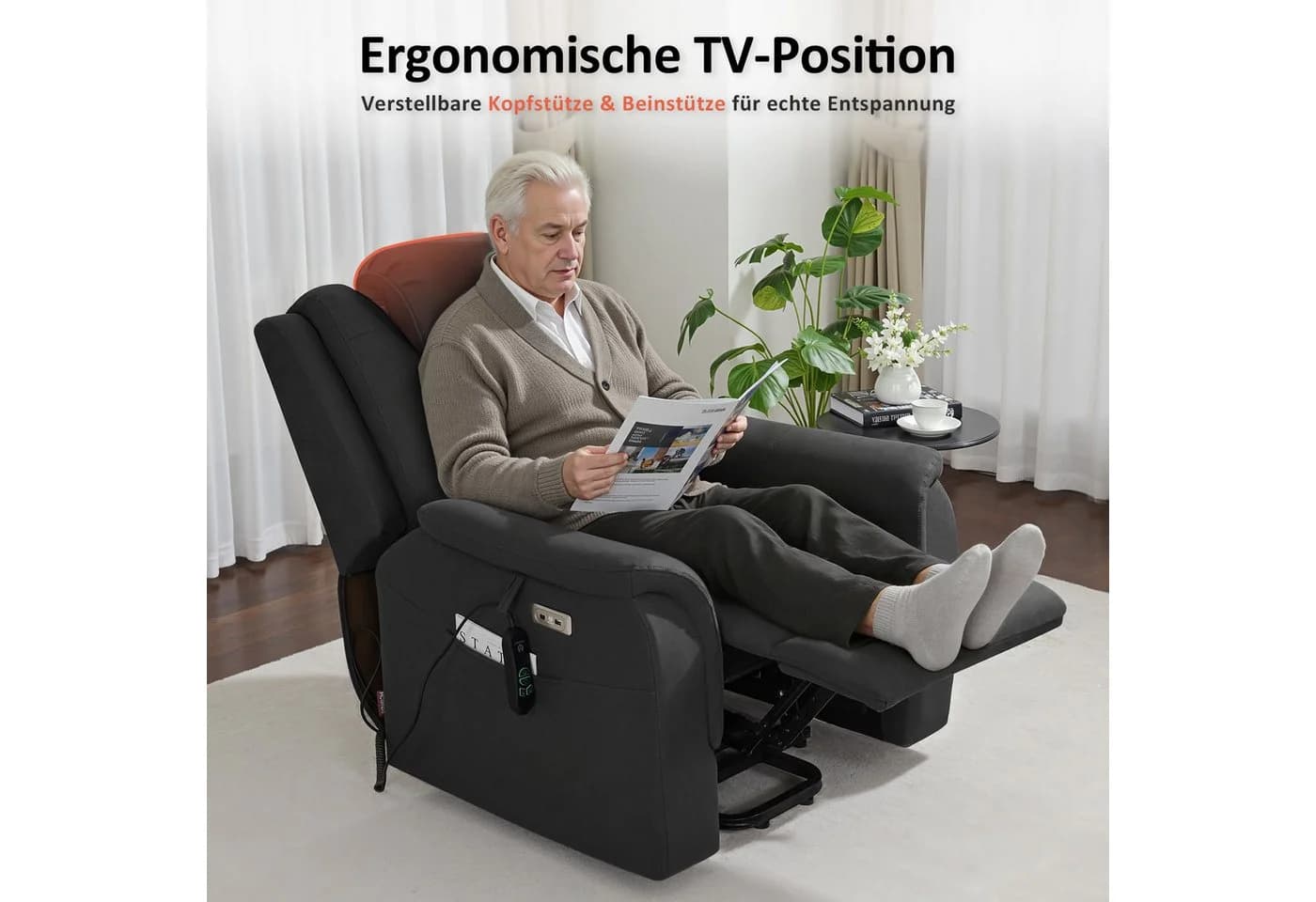 MCombo Relaxsessel mit Aufstehhilfe, Massage & Heizung, Grau/Beige