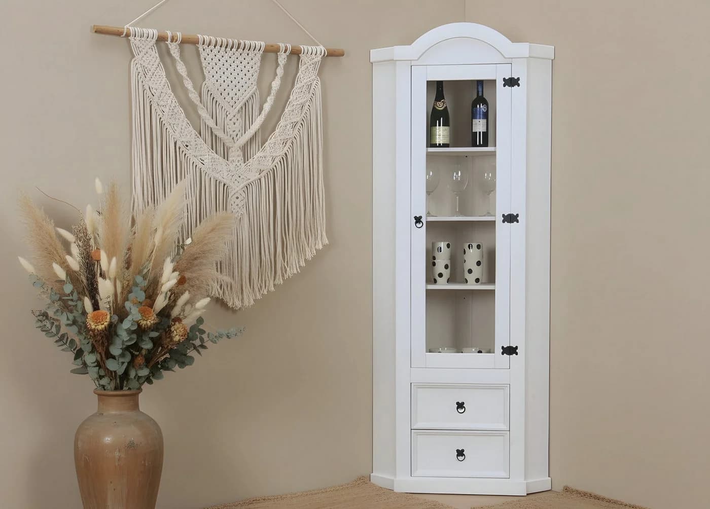 ebuy24 Vitrine New Mexico Eckschrank Weiß mit Glastür und 2 Schubladen