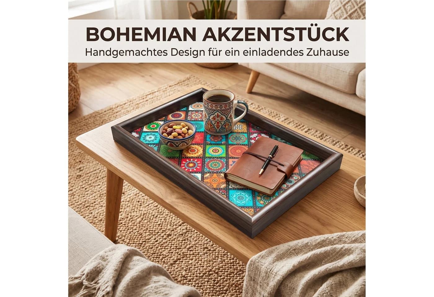 Jumpeak Serviertablett Boho Mosaik-Muster Holz