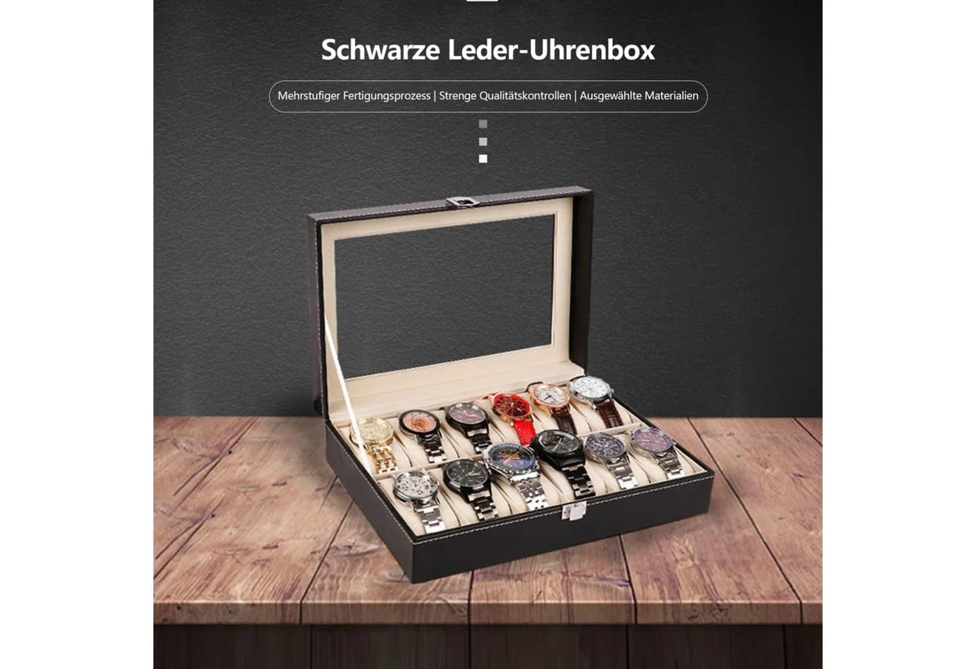 Jumpeak Uhrenbox Schwarz PU-Leder mit Glas-Sichtfenster