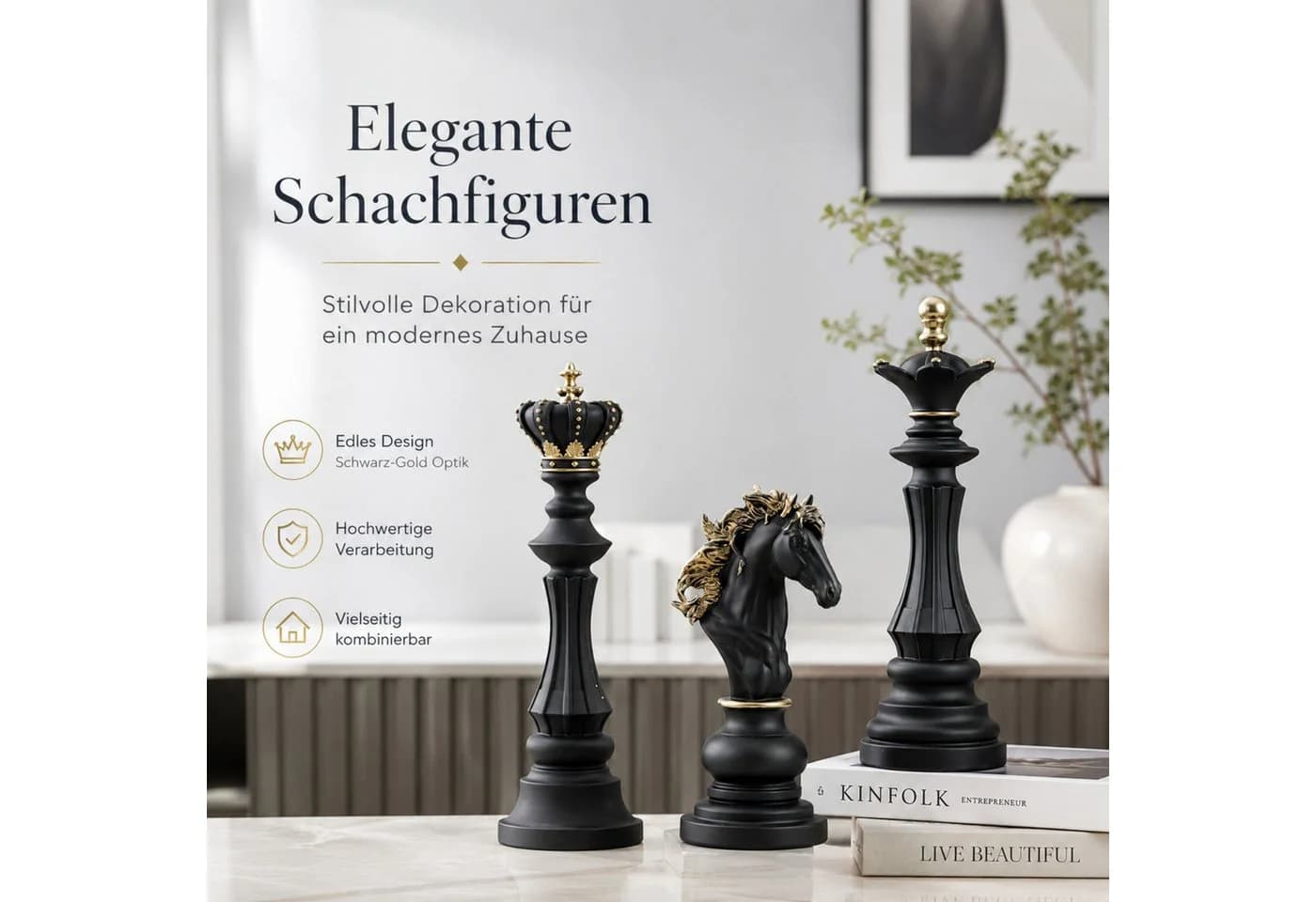 Jumpeak 3-teiliges Schachfiguren-Skulpturen-Set Schwarz/Weiß Kunstharz