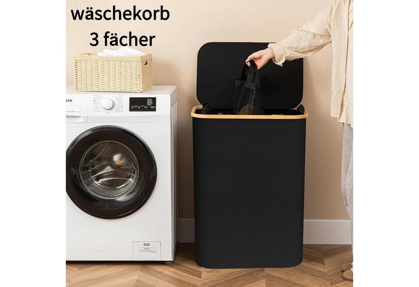 Jumpeak Wäschekorb 3 Fächer mit Deckel Faltbar