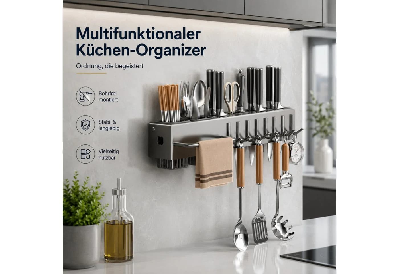 Jumpeak Messerblock Wandmontiert 7-Slots Klebemontage Grau/Schwarz