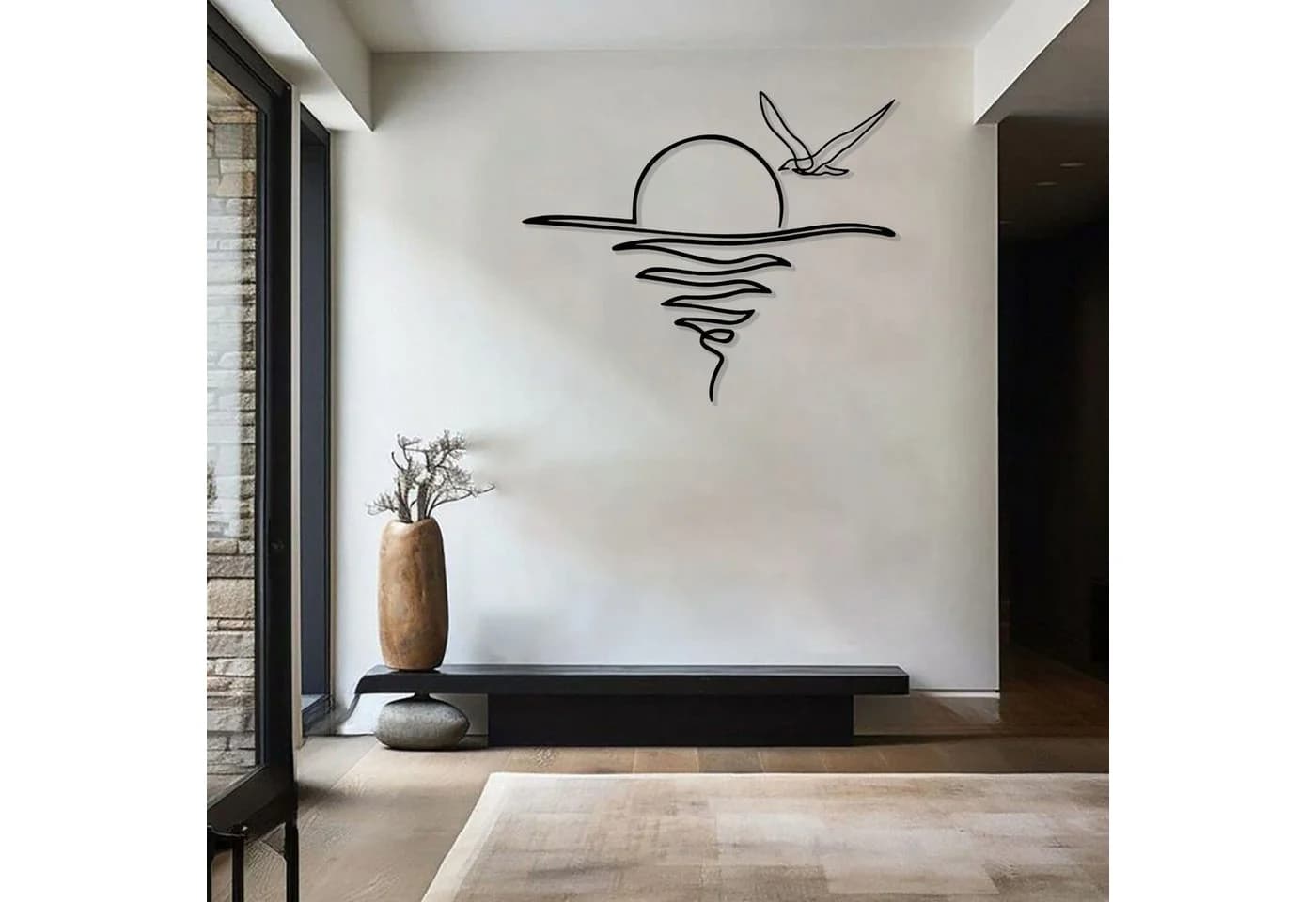 Jumpeak Wanddekoobjekt Sonnenaufgang Metall Wanddekoration, Abstrakte Linien, Metall, Schwarz, Weiß, Gold, Silber, 3 Größen