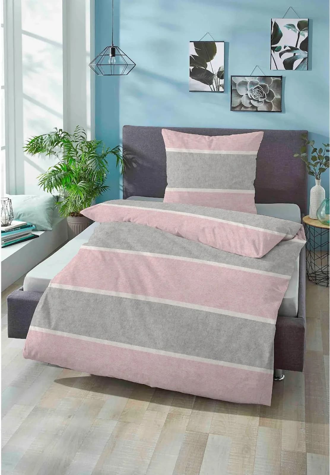 BIBERNA Bettwäsche Gr. 2 Rosa Grau Flanell 100% Baumwolle
