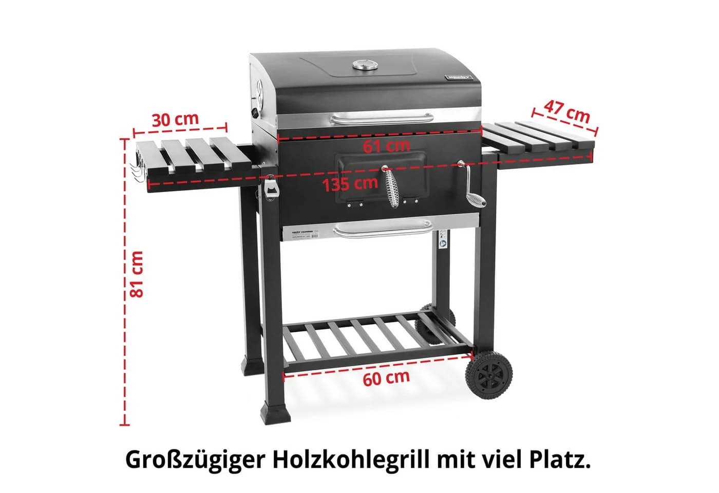 Hecht Holzkohlegrill California mit Thermometer und Transporträdern