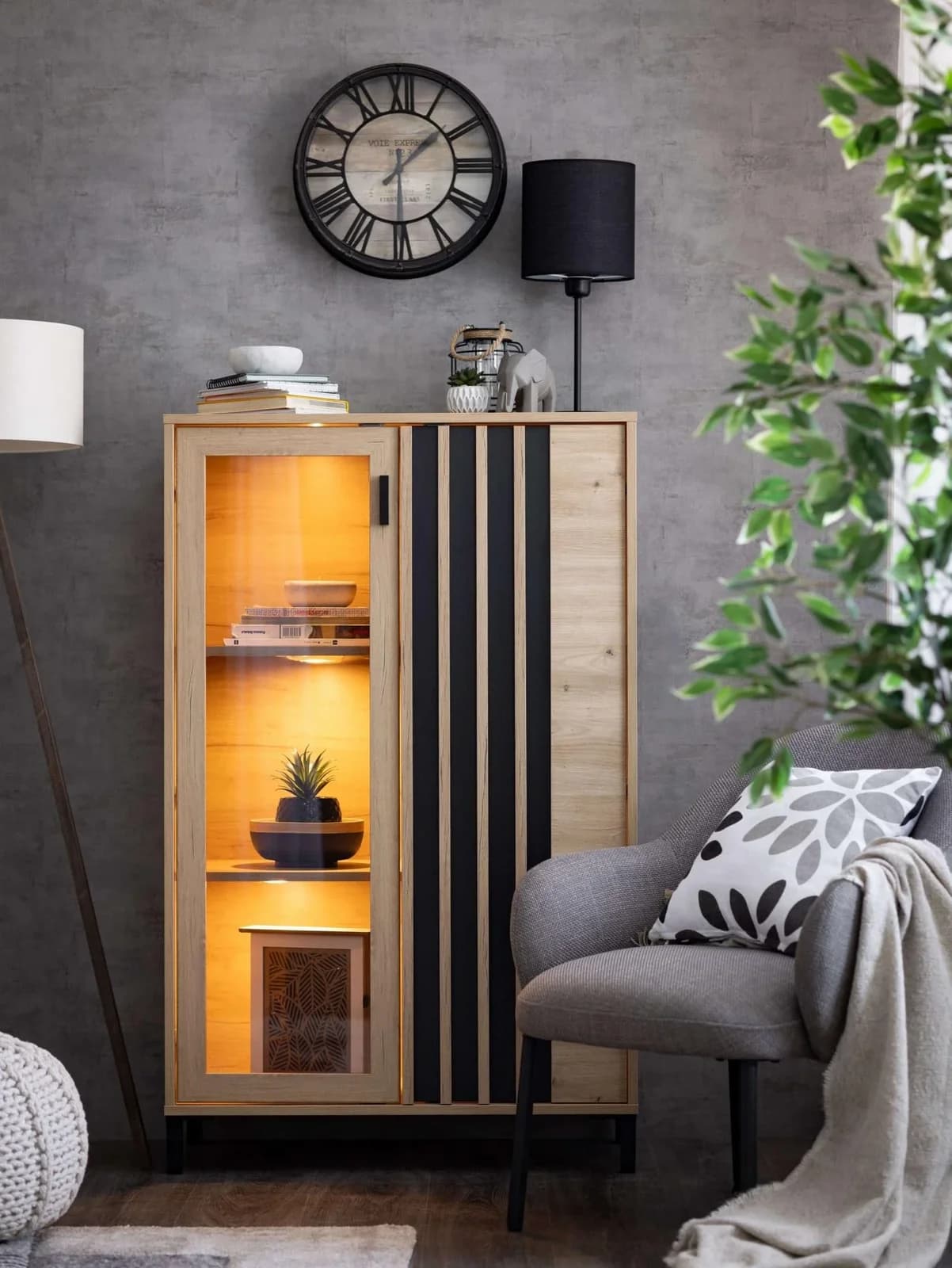 Home affaire Highboard LAVAL - Modernes Highboard mit Glasfront & Lamellen-Optik