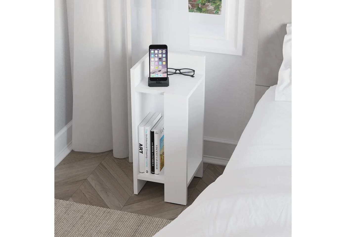 Decortie Nachttisch Elos Modern Weiß mit versenkbarer Tür