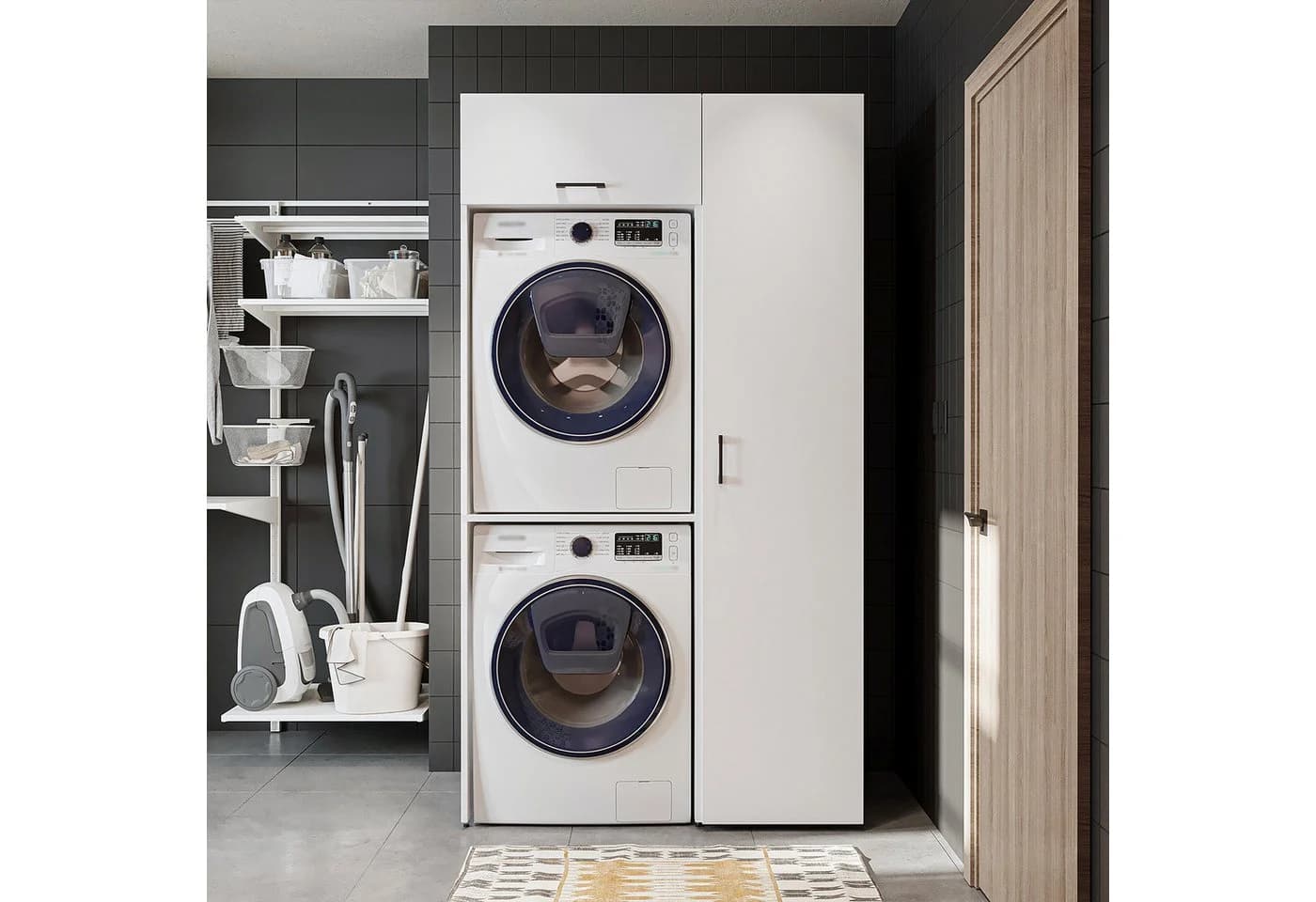 Roomart Schrankwand 112 cm mit Hochschrank für Waschmaschine & Trockner Weiß