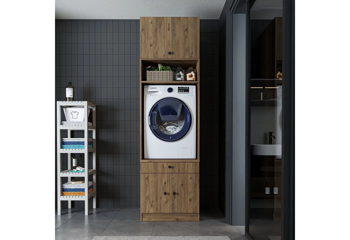 Roomart Waschmaschinenschrank 67 cm mit Aufsatz & Ausziehbrett Braun