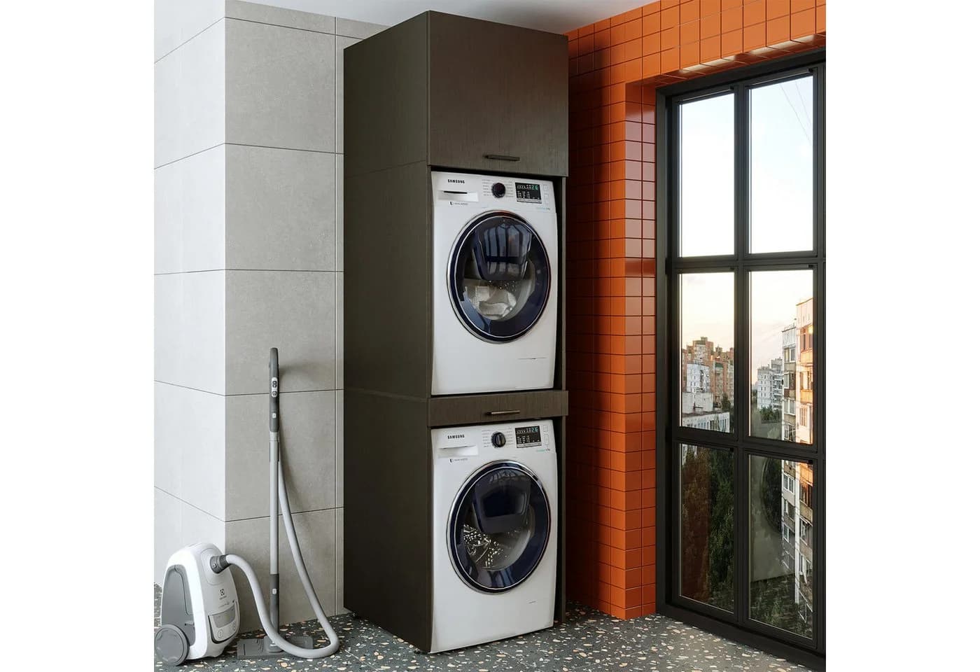 Roomart Waschmaschinenumbauschrank Waschturm Schwarz mit Ausziehbrett