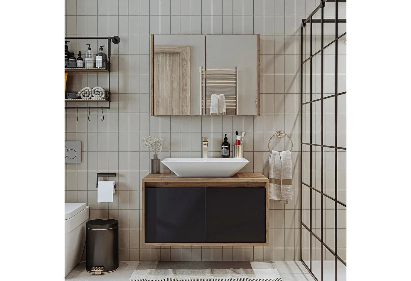 Roomart Badmöbel-Set ATLANTIC Grau mit Spiegelschrank und Keramikwaschbecken