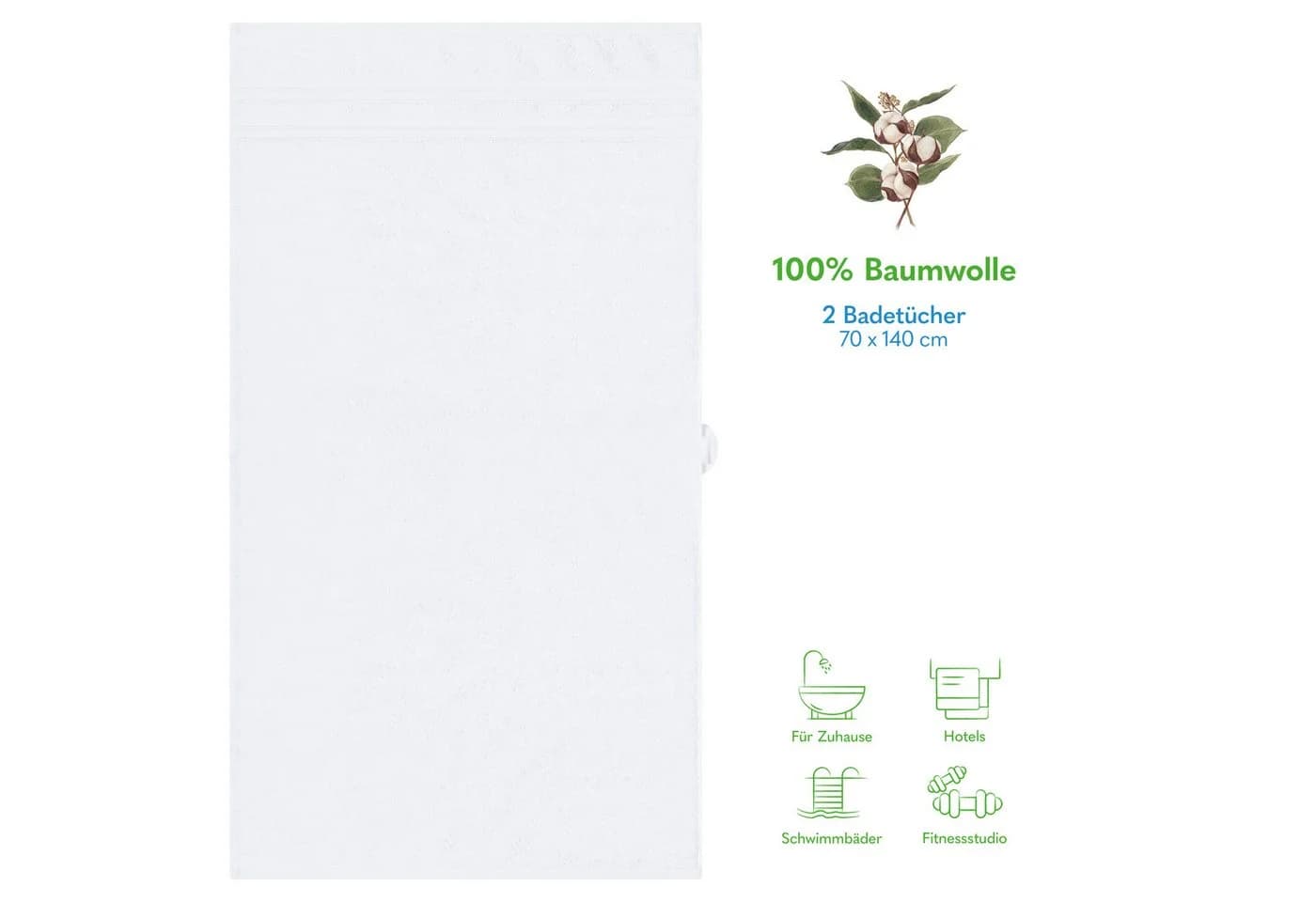 Hammetex 2er Set Badetücher 70x140 cm Weiß 100% Baumwolle