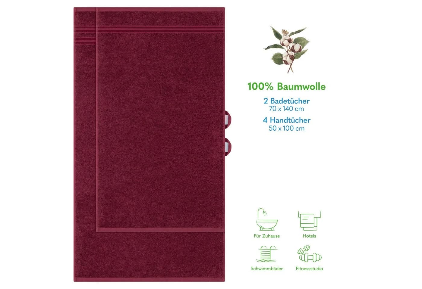 HAMMETEX Handtuch Set 6-teilig, 100% Baumwolle, Frottier, mit Bordüre, einfarbig, weich