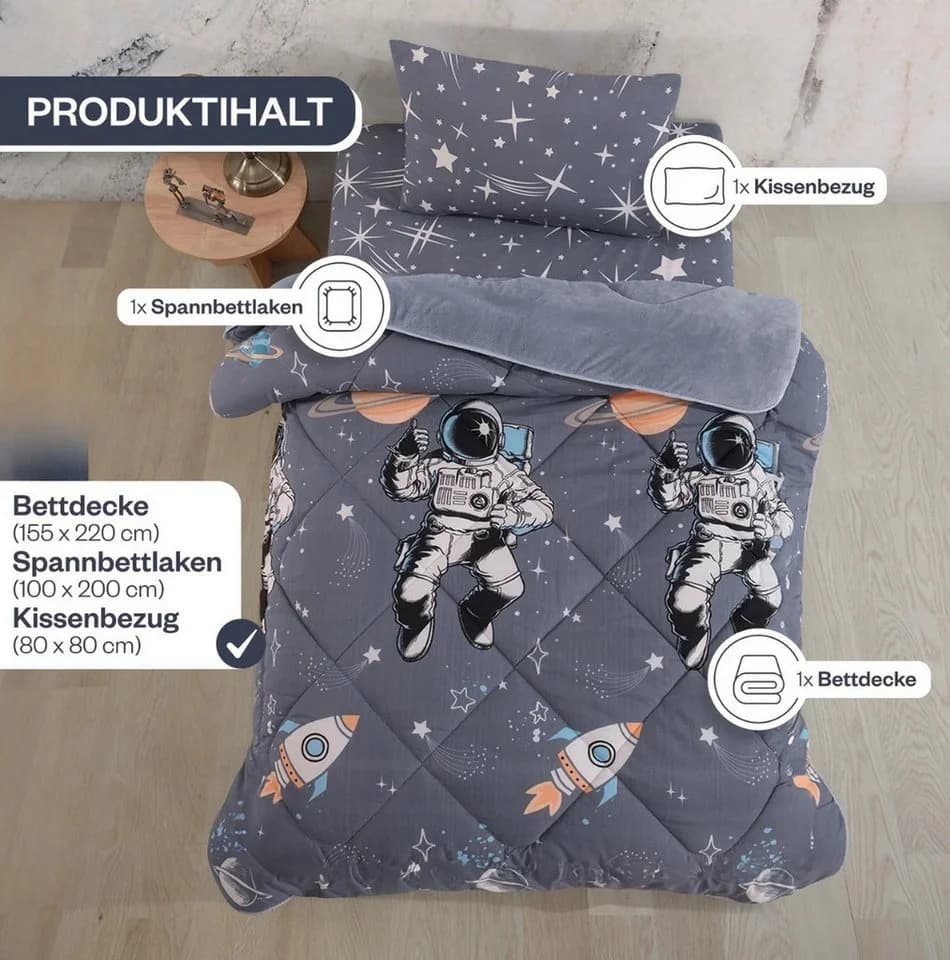 Formeya Kinderbettwäsche Astronauten Wendesteppdecke Grau