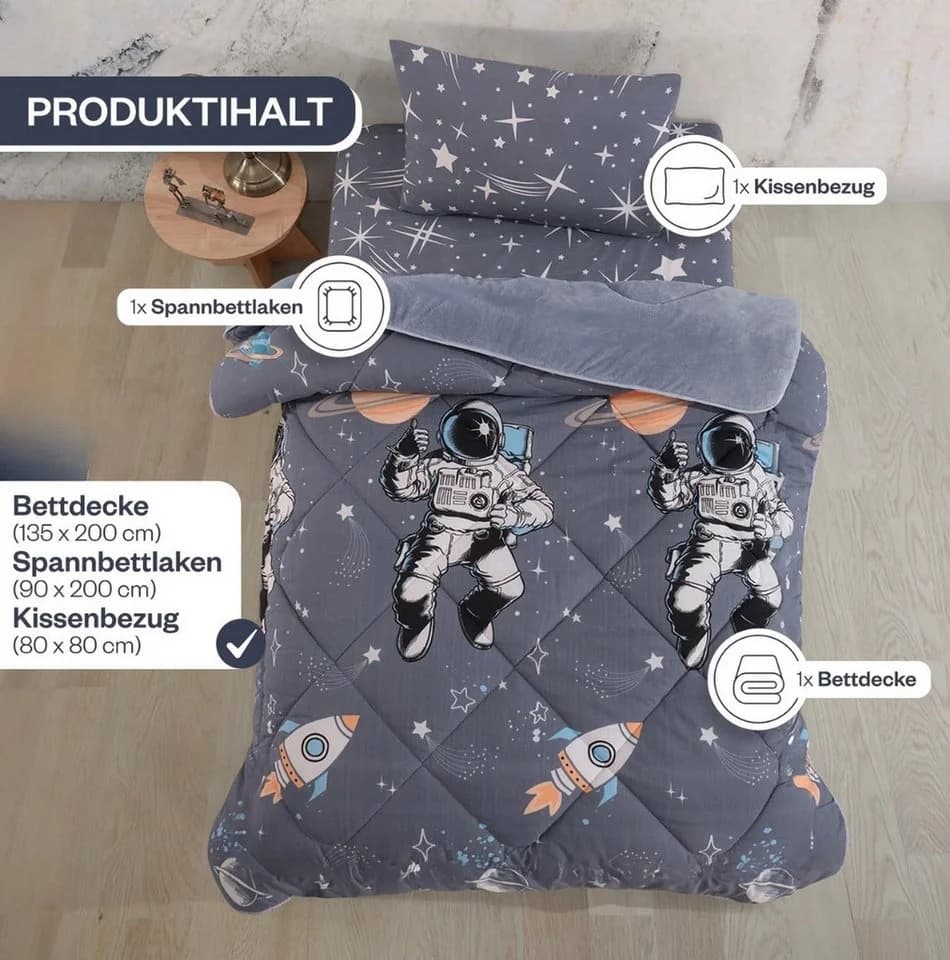 Formeya Kinderbettwäsche Set Astronaut grau mit Wendedecke