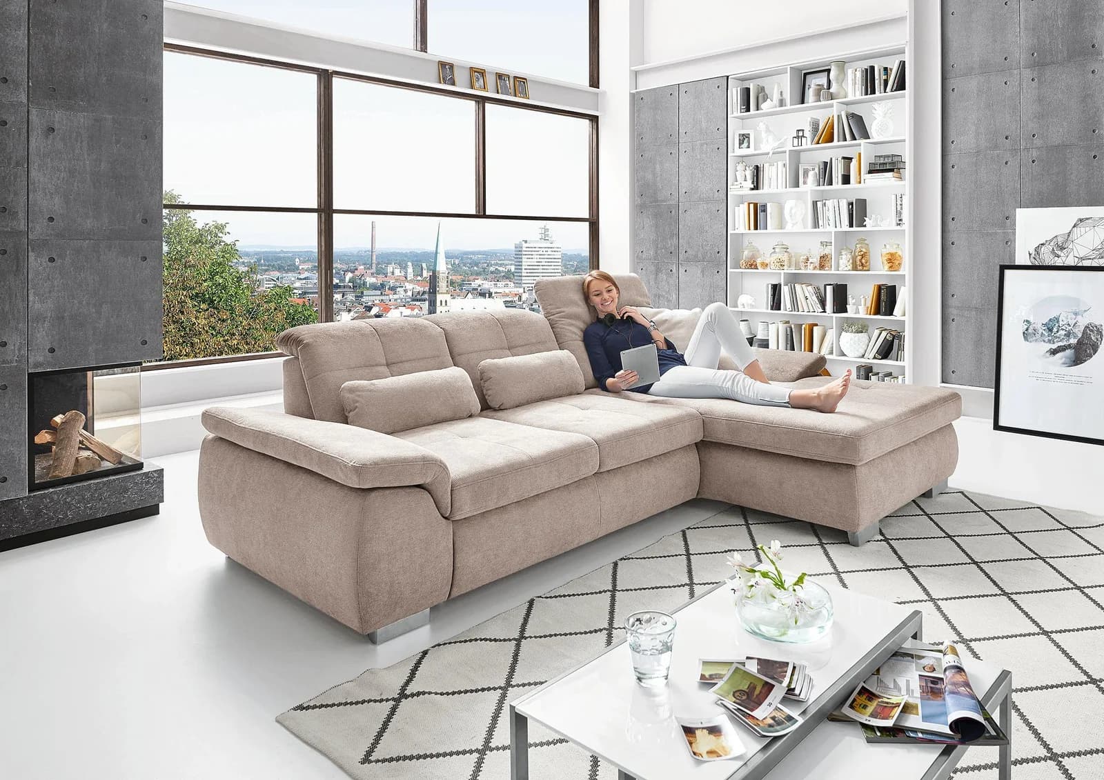 Megapol Polsterecke MINERVA Beige Stoff mit Sitztiefenverstellung