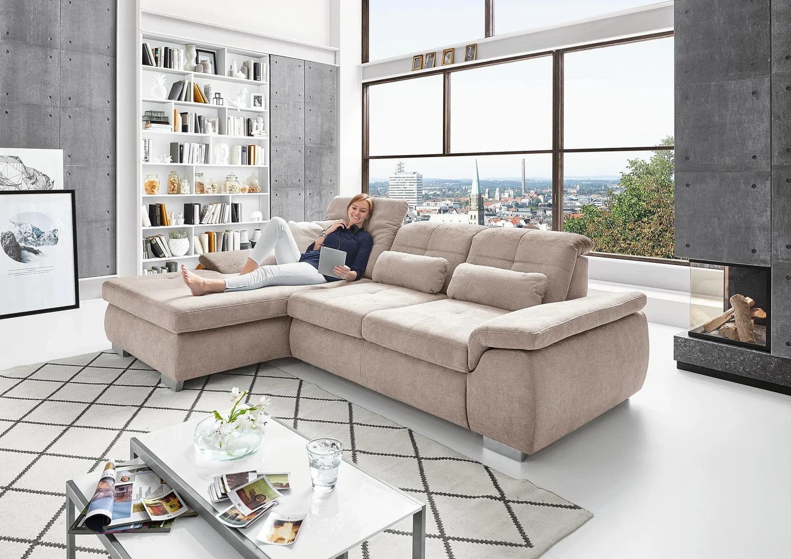 Megapol Polsterecke MINERVA Beige Stoff mit Sitztiefenverstellung
