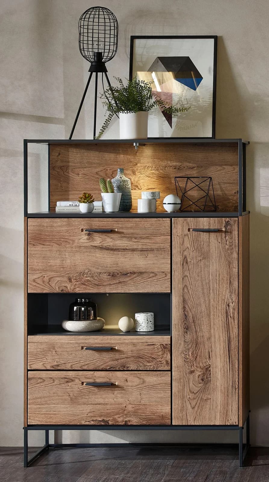 Highboard HARPER WAKEFIELD Braun Metallgestell Softclose LED