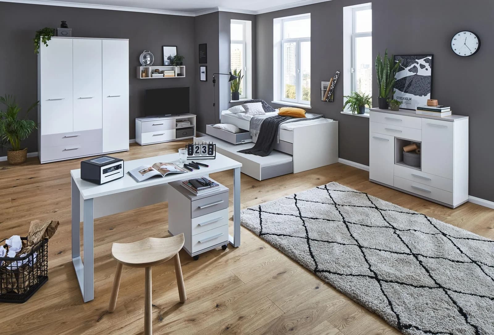 Priess Jugendzimmer New York Weiß/Grau Modernes Komplettset