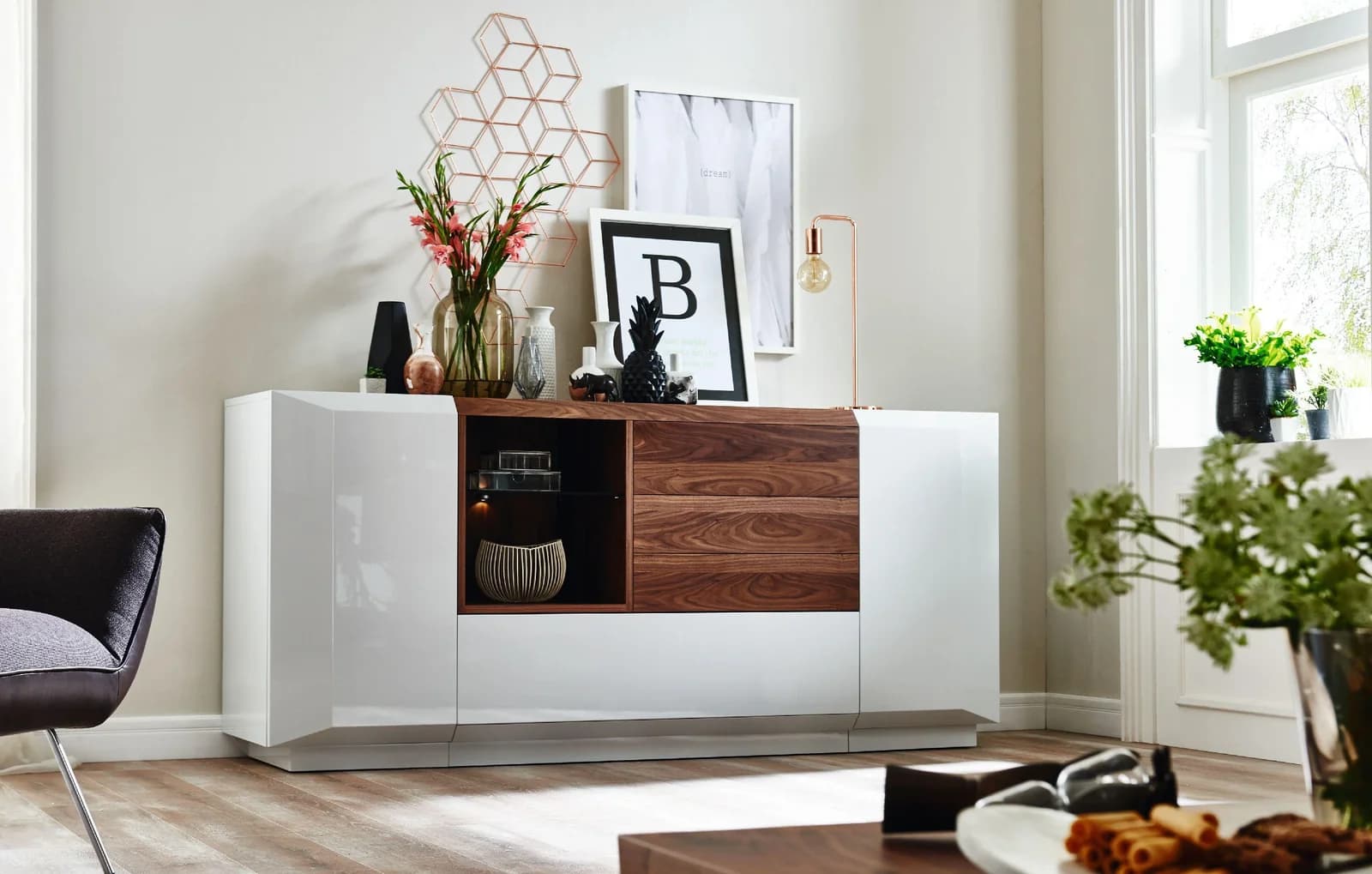 Sideboard MONDO PRISMA MEDIA Perlweiß Nussbaum