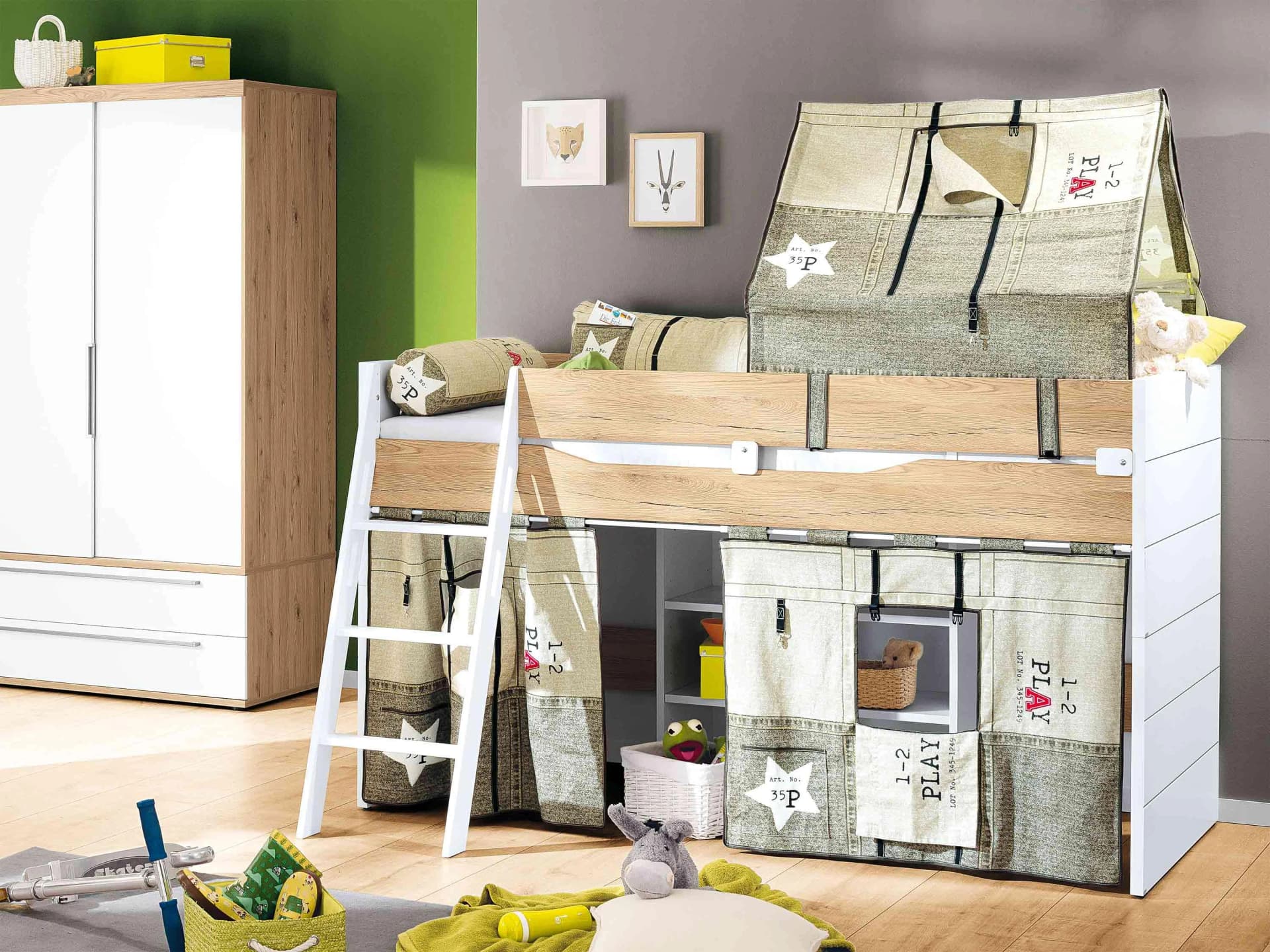 PAIDI Spielbett Fionn Eiche Bordeaux/Weiß mit Leiter