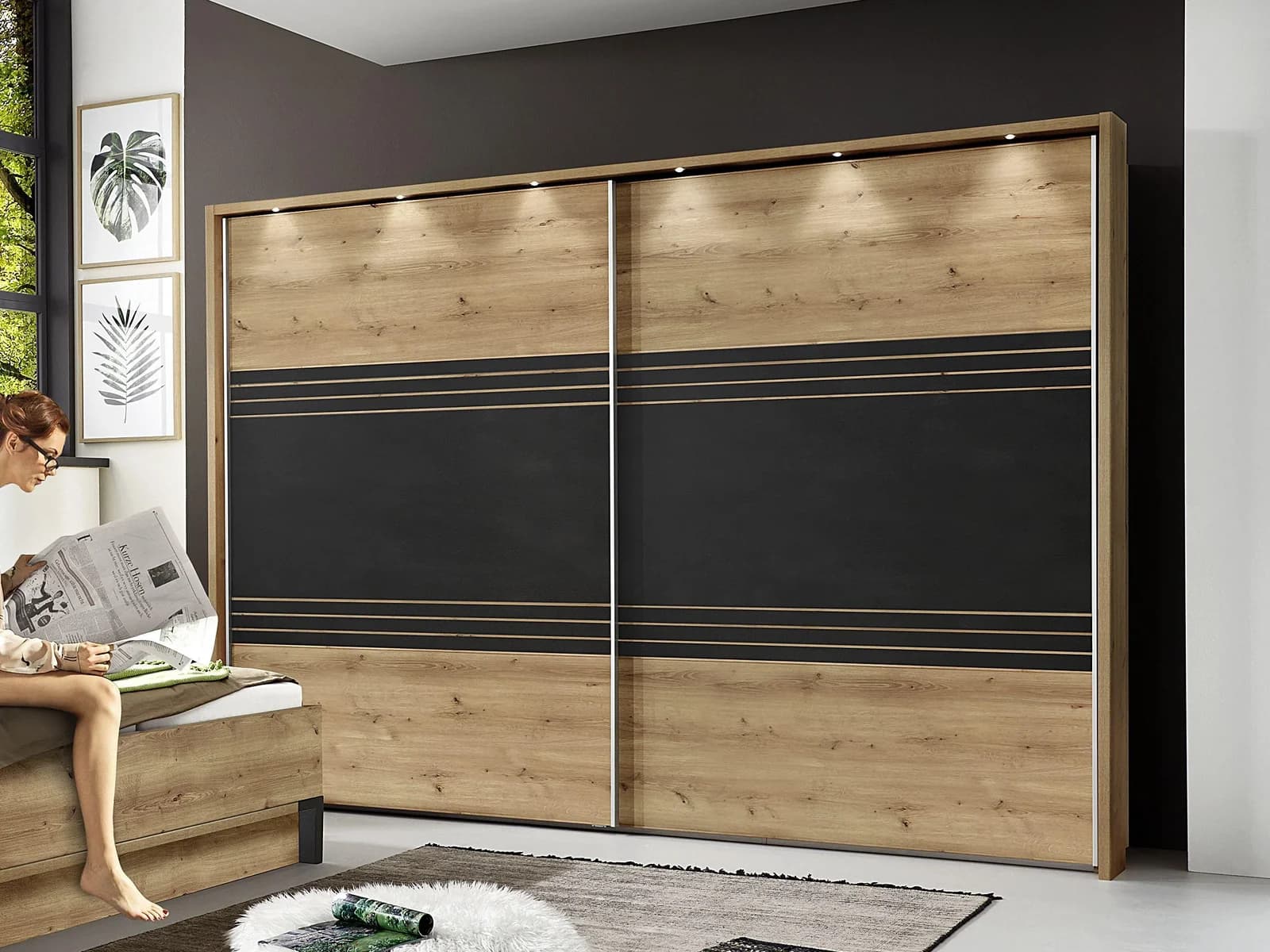 Kleiderschrank vito PASO Schwebetürenschrank 2 Türen Bianco Eiche Dekor