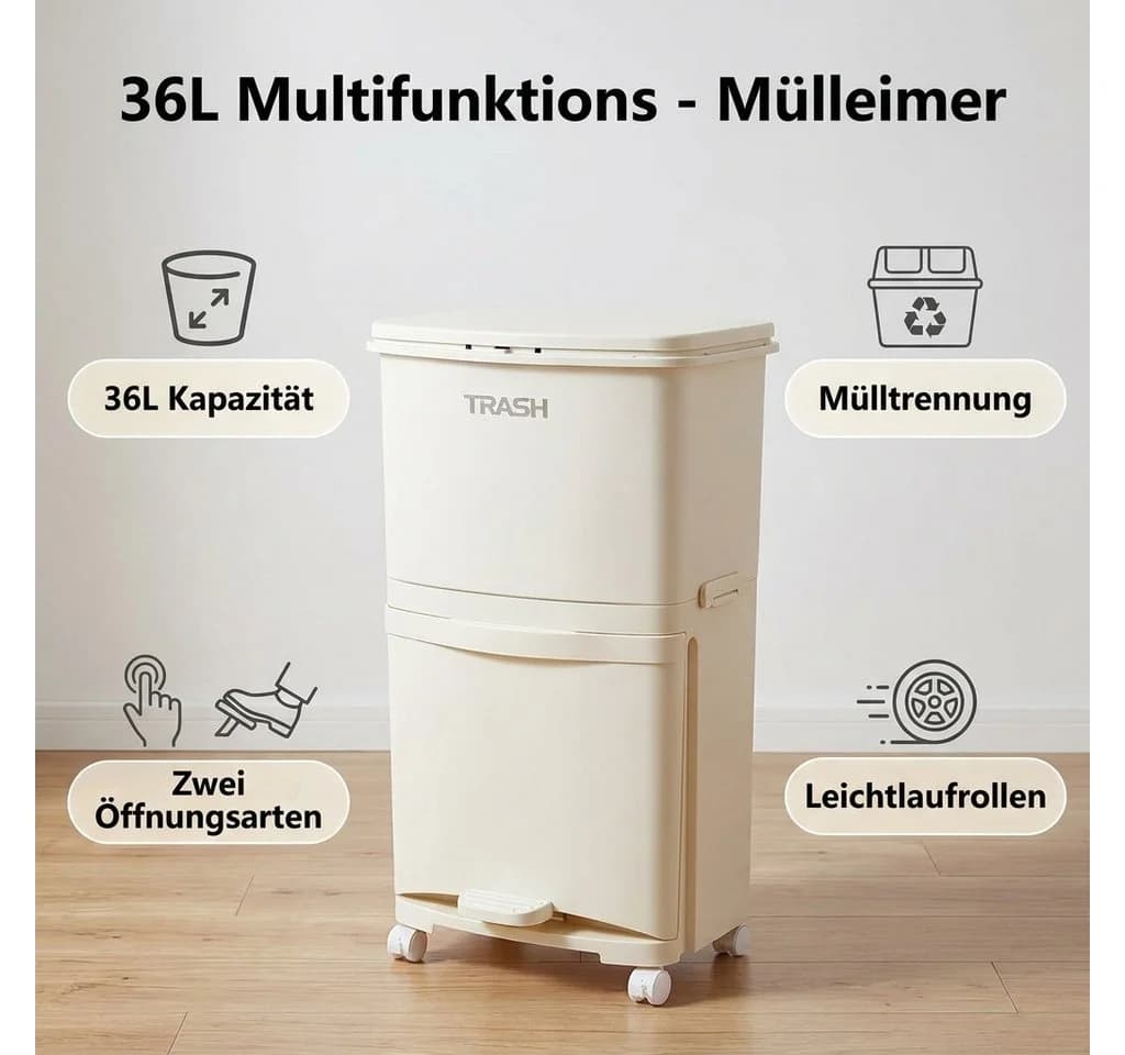 POPOLIC Mülleimer 36L Doppelwandig Cremefarben mit Fußpedal