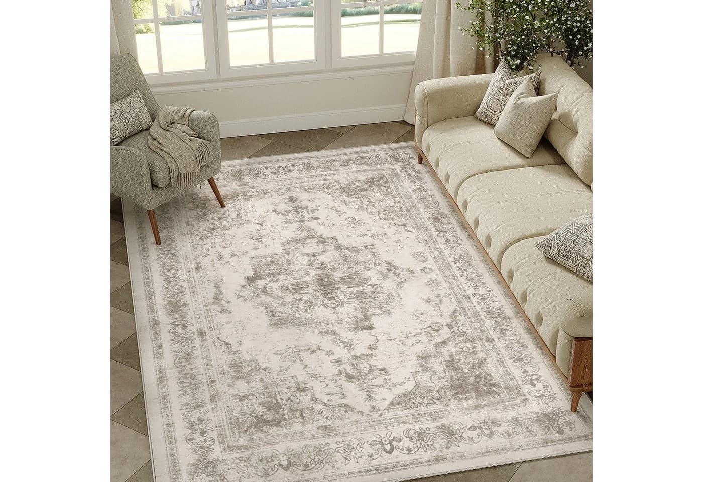 PURECOZY Vintage Teppich Grau 80x150cm Rutschfest Waschbar