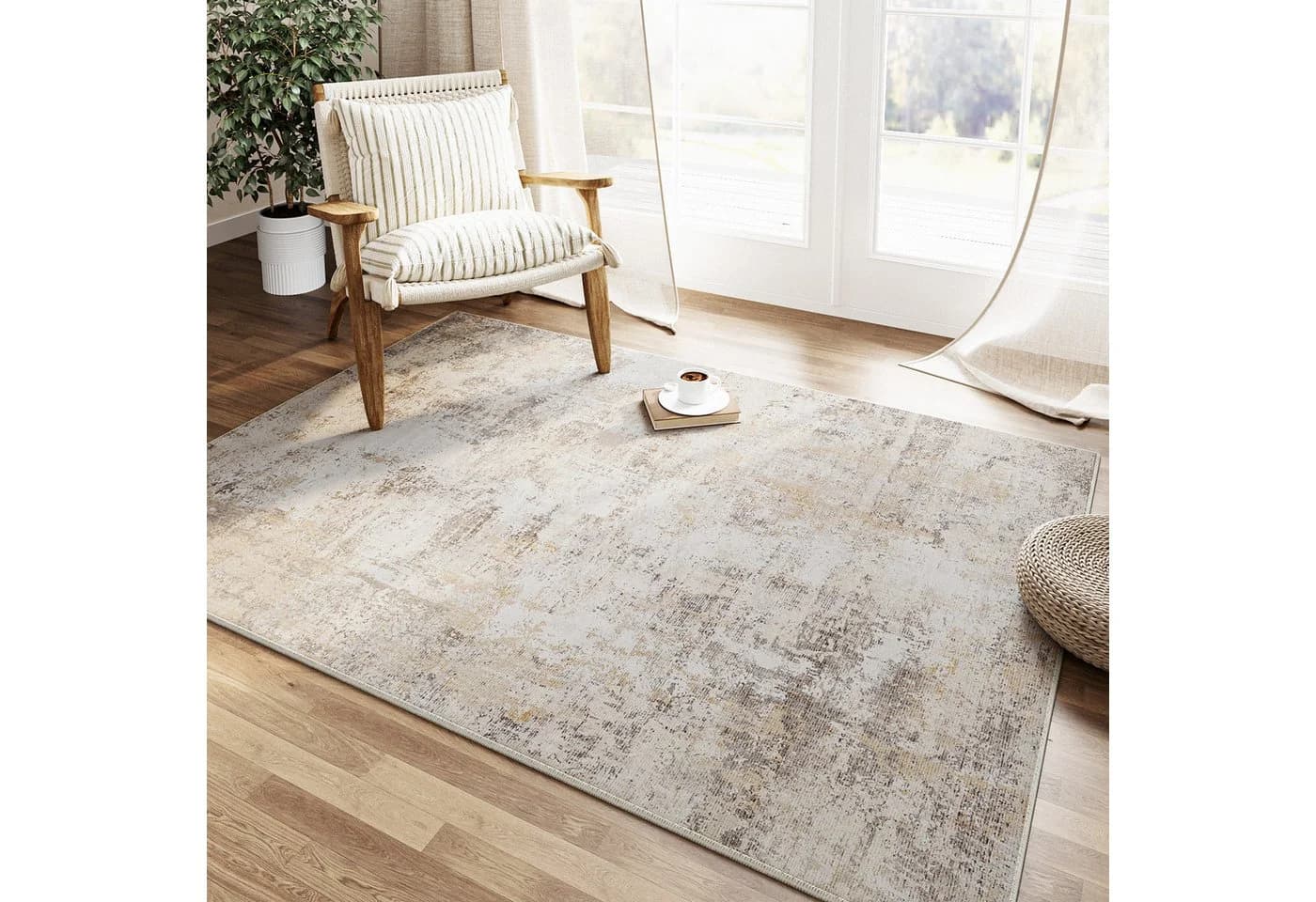 PURECOZY Teppich Beige Abstrakt Rutschfest Maschinenwaschbar