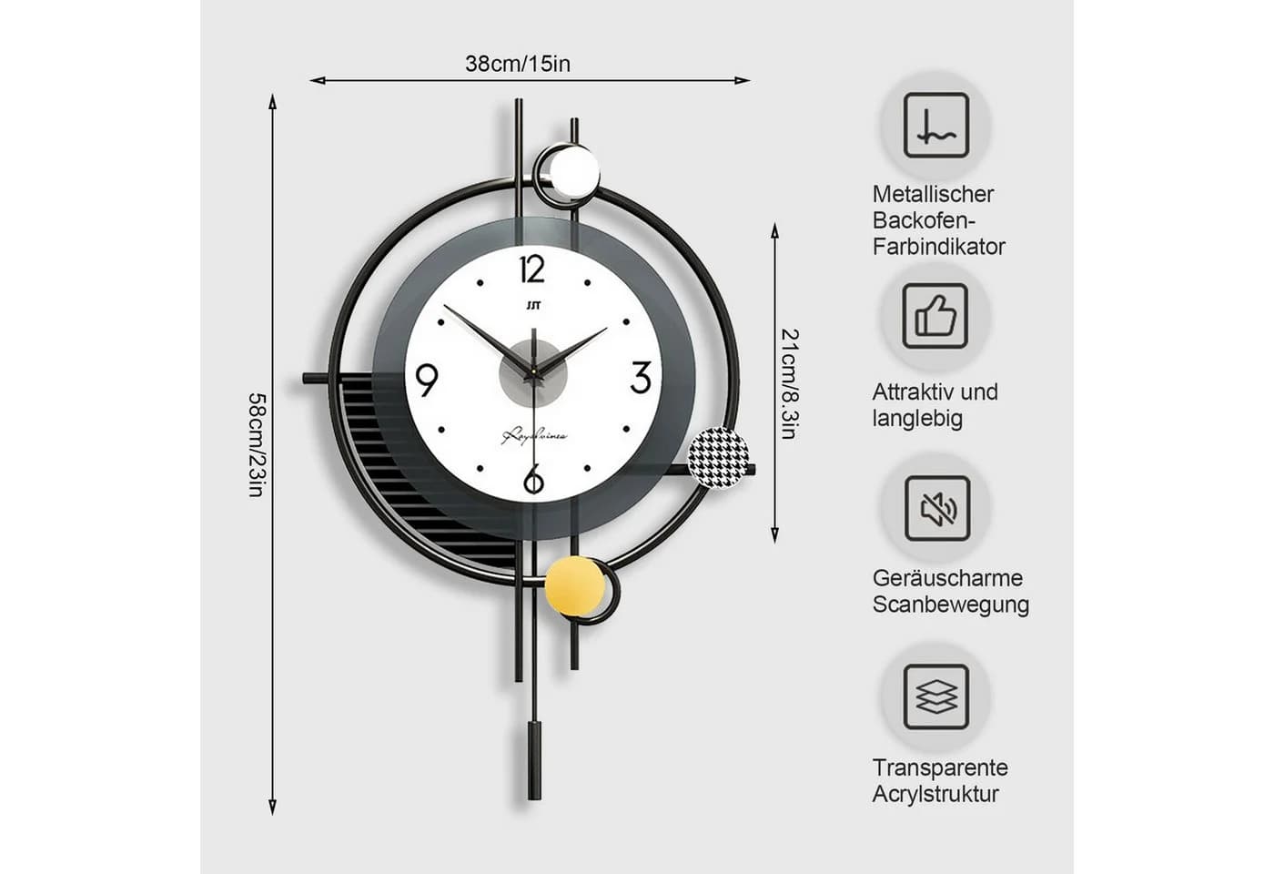 PEALOV Moderne Pendel-Wanduhr Schwarz/Weiß mit geräuschlosem Uhrwerk