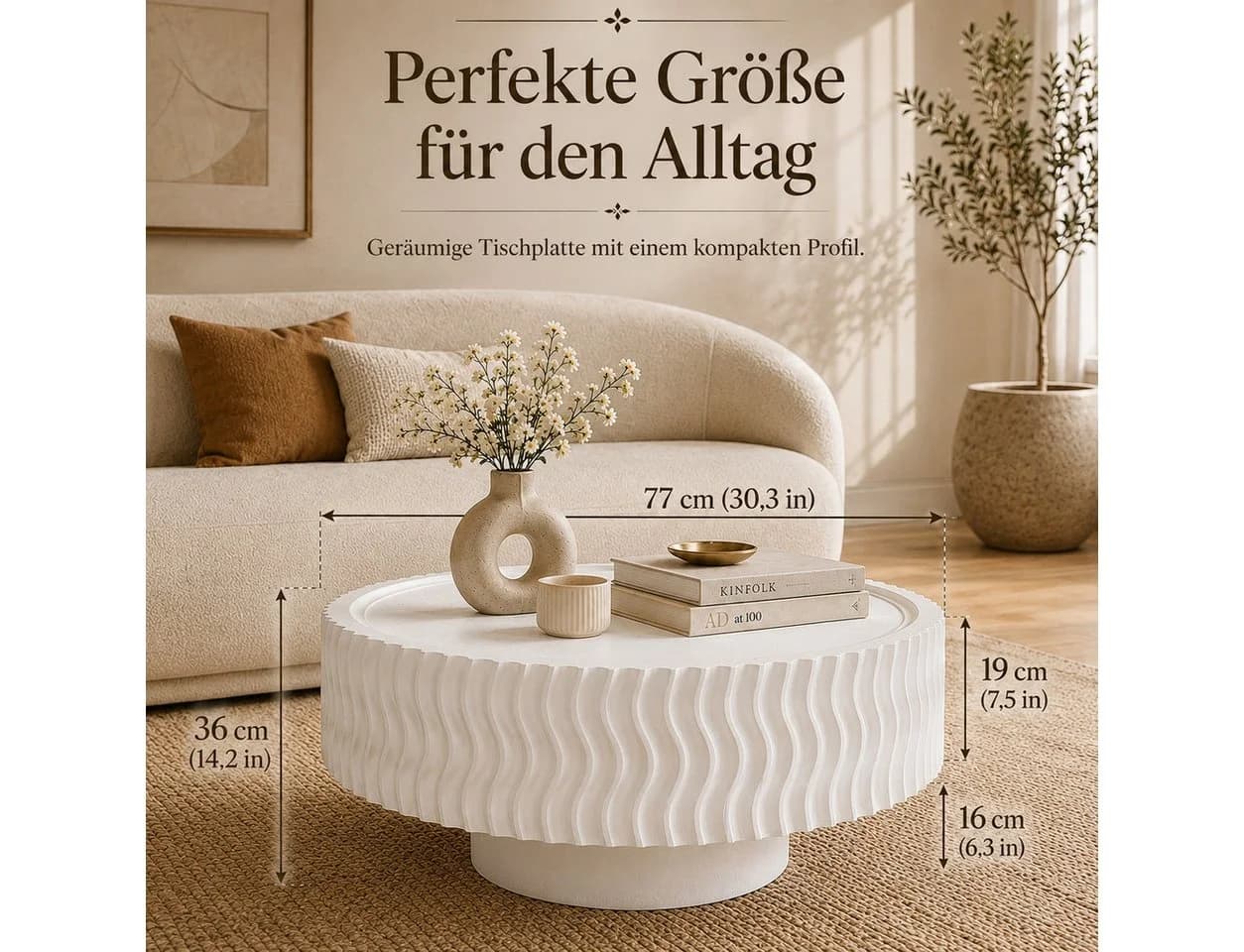 PEALOV Couchtisch Trommelform Weiß/Schwarz Holzmaserung