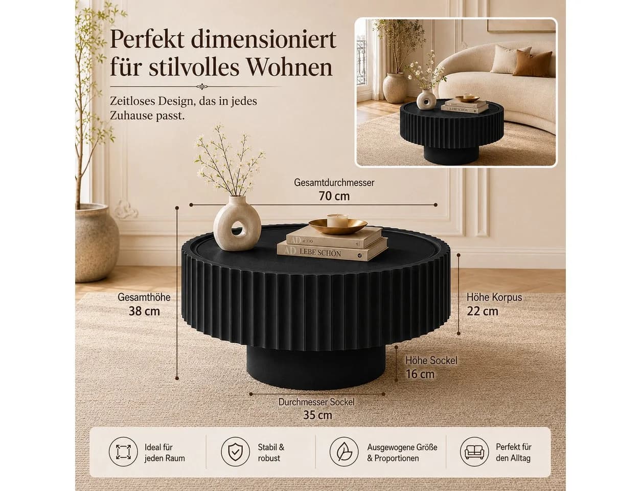 PEALOV Couchtisch Pilzform Schwarz/Weiß Rillenoptik