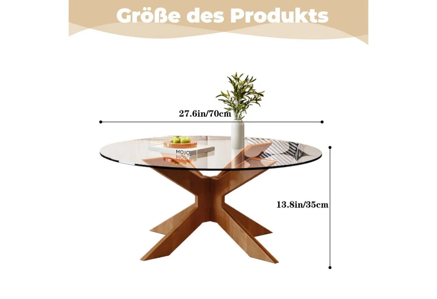 PEALOV Runder Couchtisch Glasplatte X-Struktur-Design