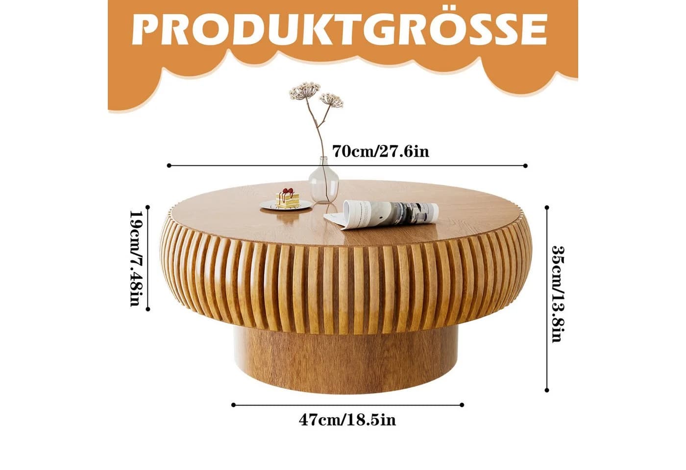 PEALOV Couchtisch rund Braun mit Rillenstruktur
