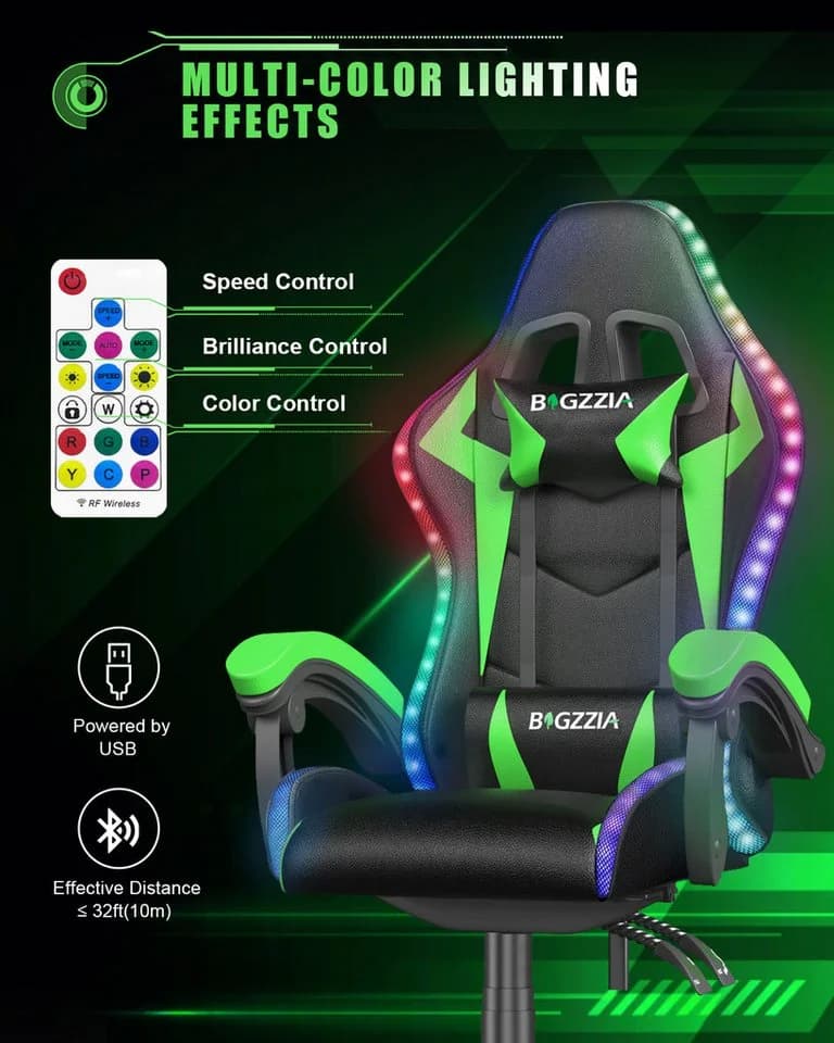 Gywowken Gaming-Stuhl mit LED Grün Ergonomisch