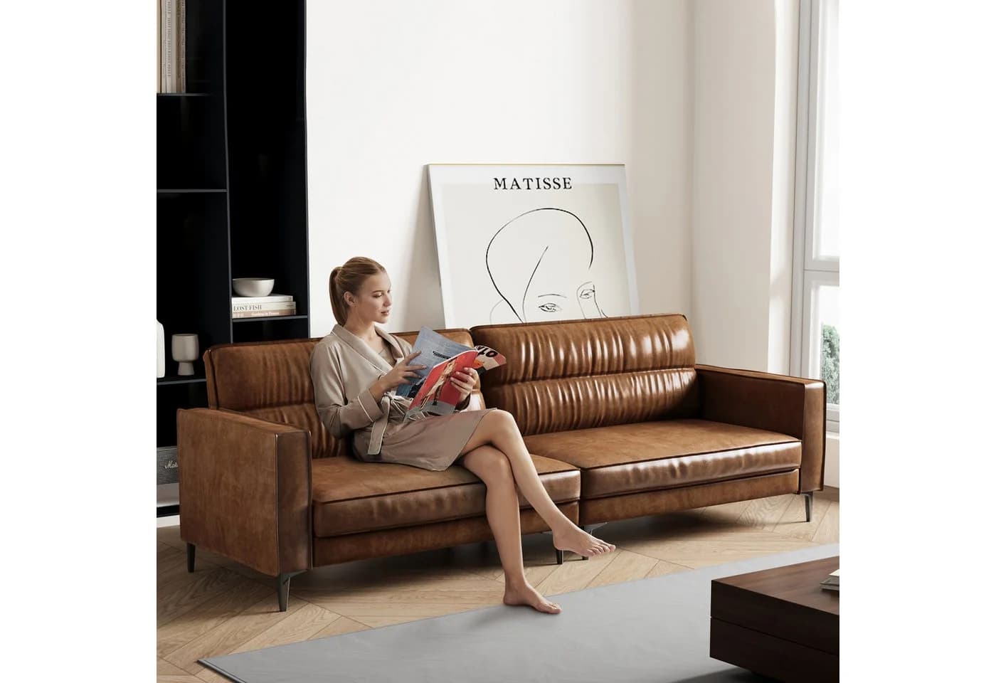 oleyluckidea Big-Sofa Vintage 3-Sitzer Sofa Lederoptik Braun Metallfüße Retro Couch