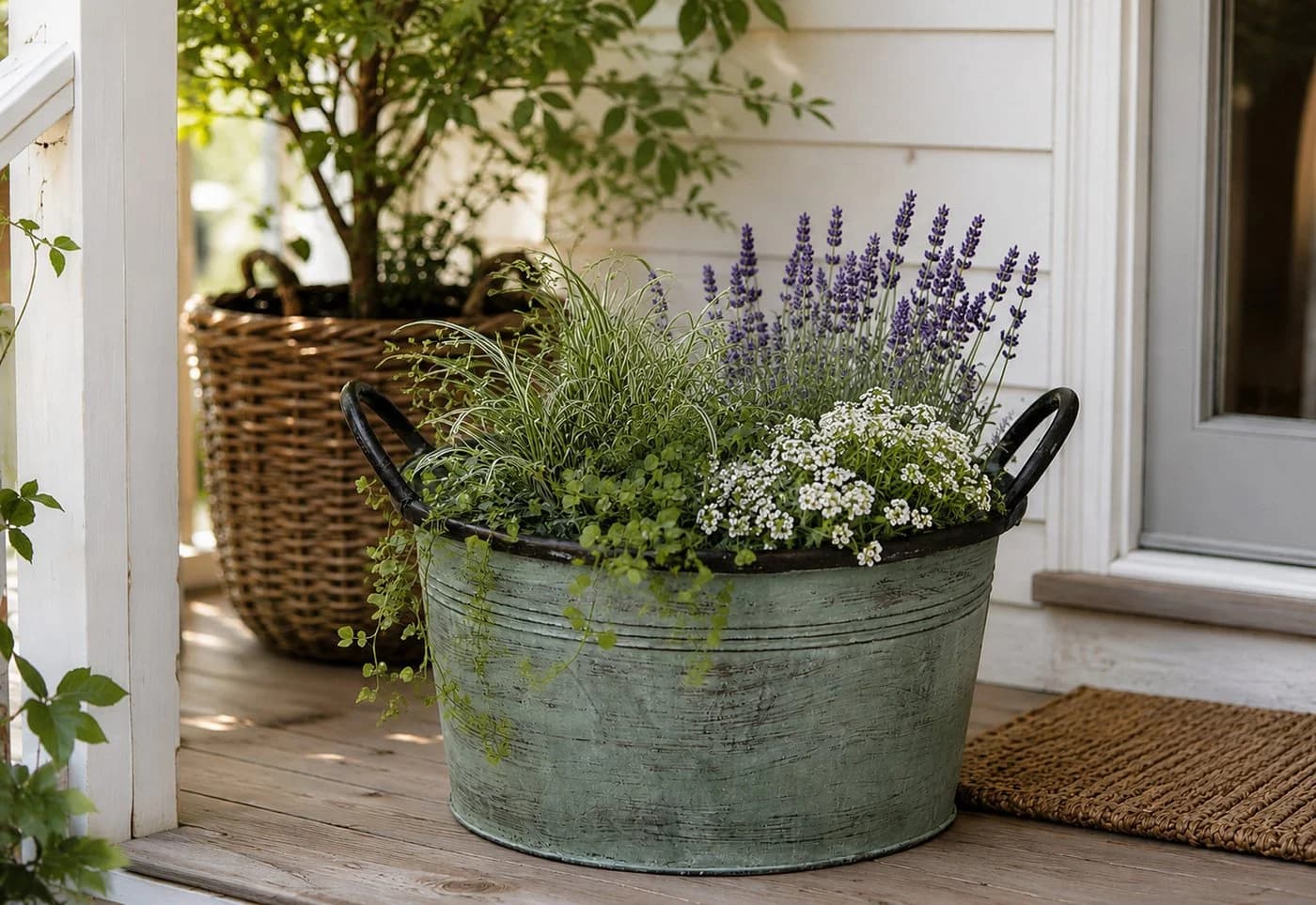 finehomegarden Pflanzschale mit Griff Metall Grün antik Ø41cm
