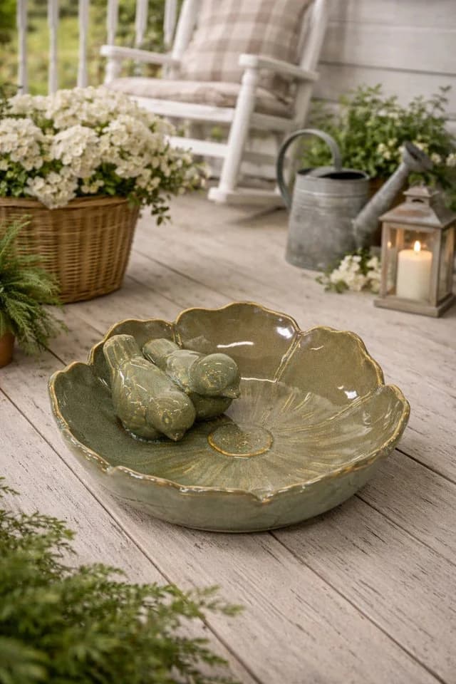 finehomegarden Vogeltränke Keramik Olivgrün Vogel-Design