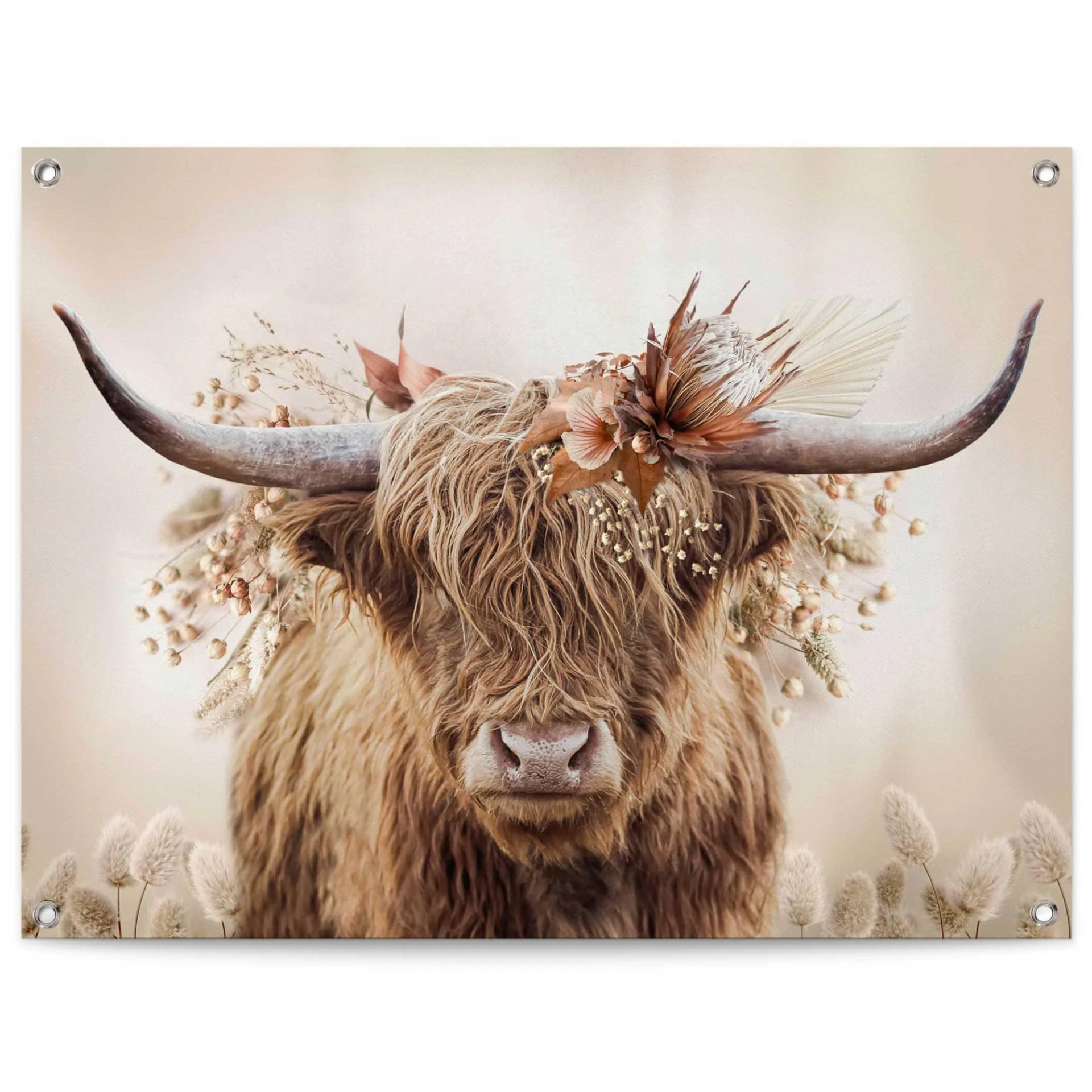 Poster Highlander in Blumen - Beige Leinwand 80x60cm Outdoor