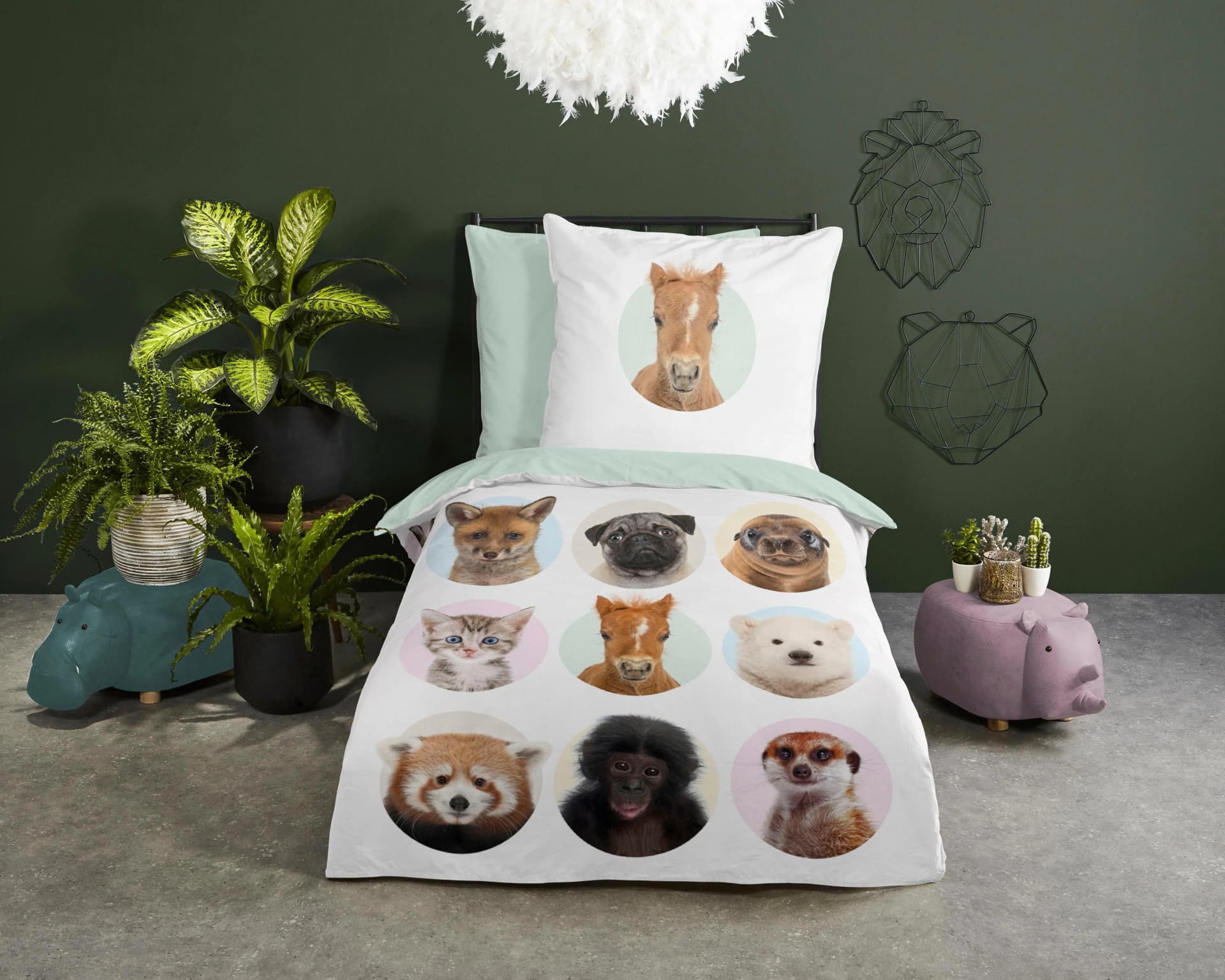 Good Morning Kinderbettwäsche Younganimals Bunt Minze 100% Baumwolle